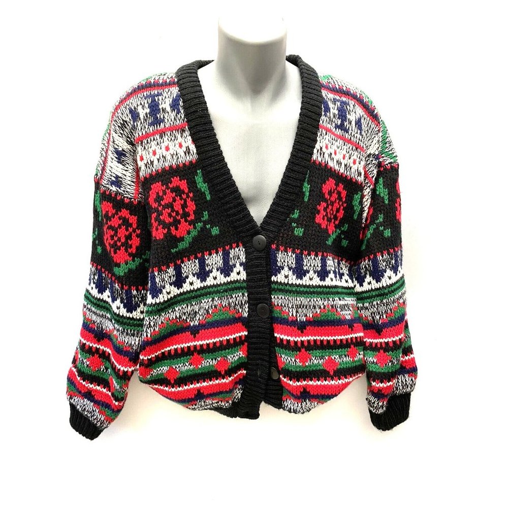 Vintage C.S,L. Cherry Stix Lined Button Up, Knitted Cardigan Sweater Size L